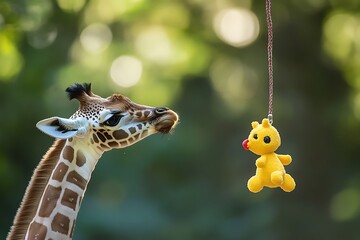 Fototapeta premium a baby giraffe in playing with toy