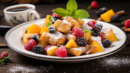 Delicious and Colorful Dessert with Fresh Berries and Mint Leaves Served on a Plate with Coffee on a Rustic Wooden Table
