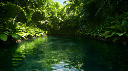 Obraz premium Tranquil Green Jungle River With Lush Vegetation