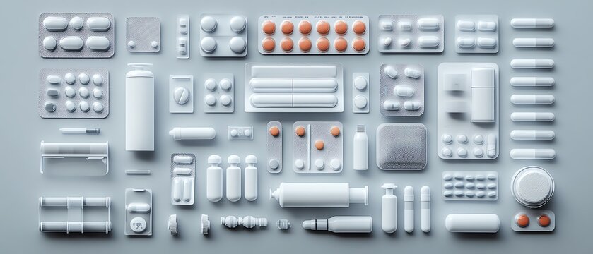 Topdown view of medical equipment and drug medicines arranged for easy readability, with space for copy, clean minimalist aesthetic, highdefinition, 8K photorealistic rendering