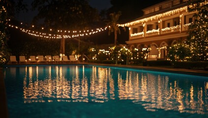 Fototapeta premium Nighttime Poolside Elegance: Festive Lights Reflecting on Tranquil Waters