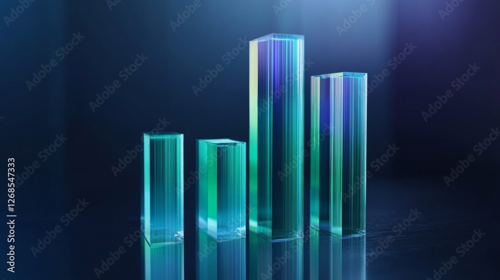 Aufkleber a futuristic bar graph with transparent bars glowing in shades of blue and green, hovering above a r