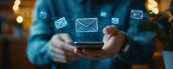 Businessman checking a mobile phone displaying a chalkdrawn email icon, closeup shot of hands, clean modern office environment, cinematic lighting, highquality details