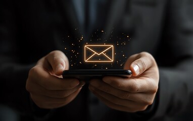 Businessman s hands gripping a smartphone displaying a chalkdrawn email alert, sleek modern office background, creative technology concept, highquality details, photorealistic