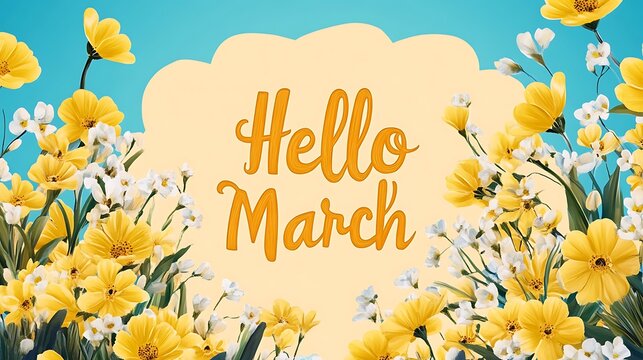 Hello March greeting card with yellow and white flowers.