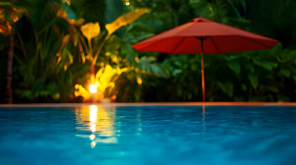 Tranquil Night Pool Scene with Red Umbrella