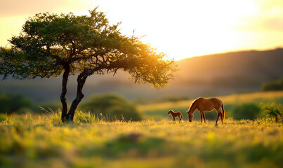 Naklejka premium A serene sunset landscape featuring a horse and its foal grazing under a tree in a lush, grassy field.