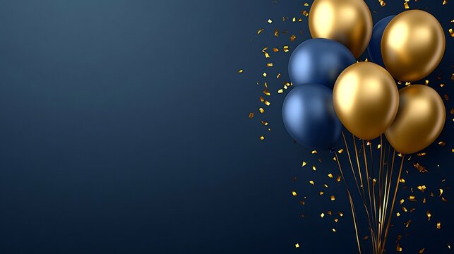 Elegant navy gold balloons float softly against dark background. AI Generated