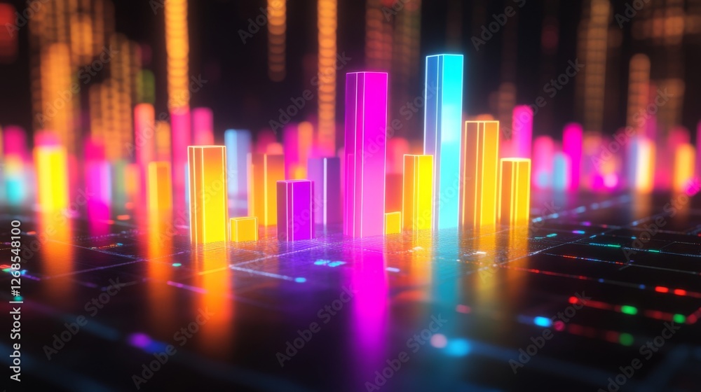Poster a high-tech d bar chart with luminous bars arranged in a smooth, upward trend, set against a dark, f