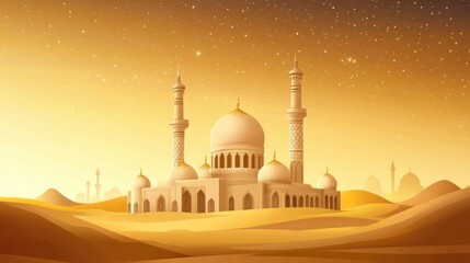 Majestic Mosque in a Golden Desert Landscape under Starlit Skies