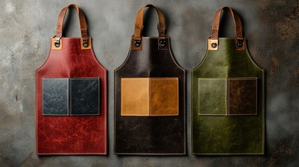  Three different-colored leather aprons with canvas backs