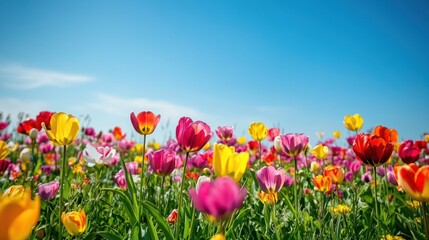 A vibrant field of blooming flowers under a clear blue sky, representing the freshness of spring