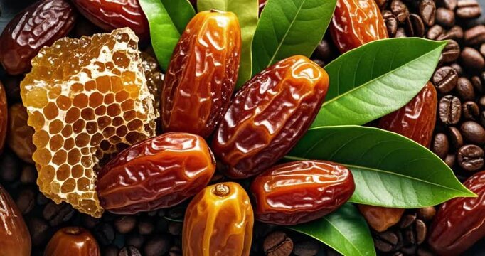 Motion shot of dates fruit, honey, bidara leaves, chickpeas, Arabian fruits, sand dune, desert, Eid Mubarak, Ramadan