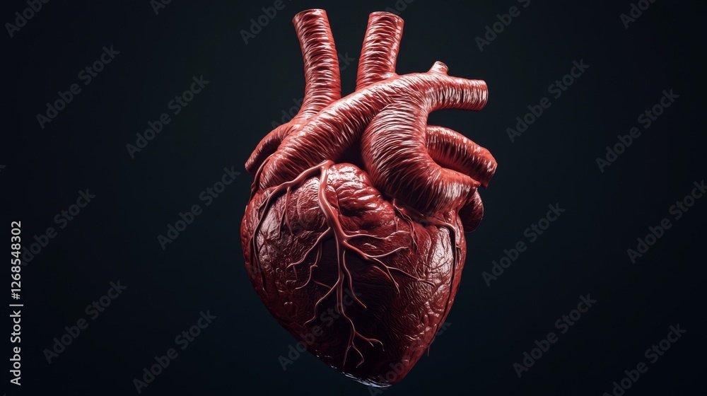 Poster a highly detailed d rendering of a human heart with visible arteries and veins, set against a dark b