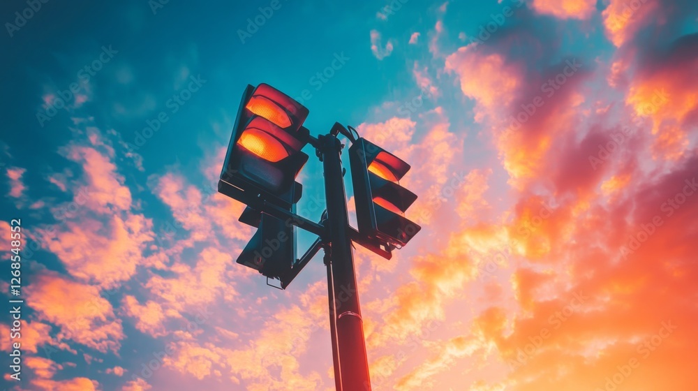 Poster a low-angle shot of a traffic light against a vibrant sunset sky, with the light casting long shadow