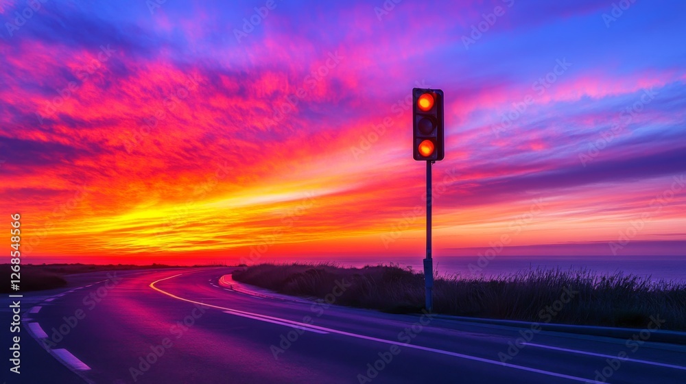 Aufkleber a low-angle shot of a traffic light against a vibrant sunset sky, with the light casting long shadow
