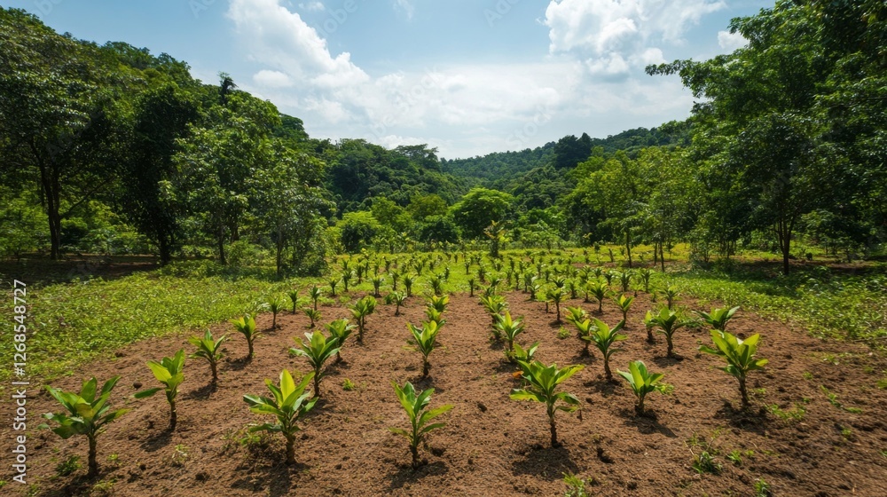 Poster a lush forest clearing with freshly planted saplings surrounded by older trees, showcasing the progr