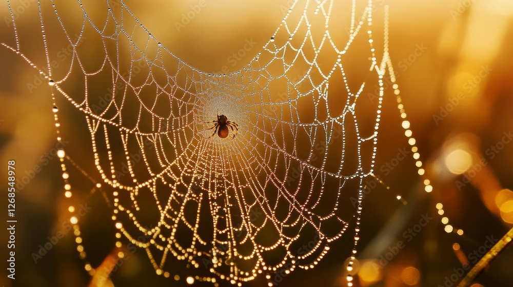 Aufkleber A macro view of a spider weaving its web in the early morning light, with dew droplets clinging to the silk threads, creating a mesmerizing scene