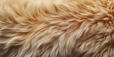 Fototapeta premium Close-up of the texture and pattern on a golden-brown sheepskin rug, showcasing its softness and warmth, with space for text or product display.