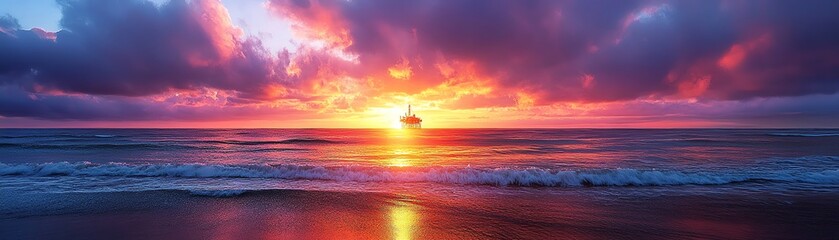 Fototapeta premium Majestic offshore oil rig silhouette at dusk
