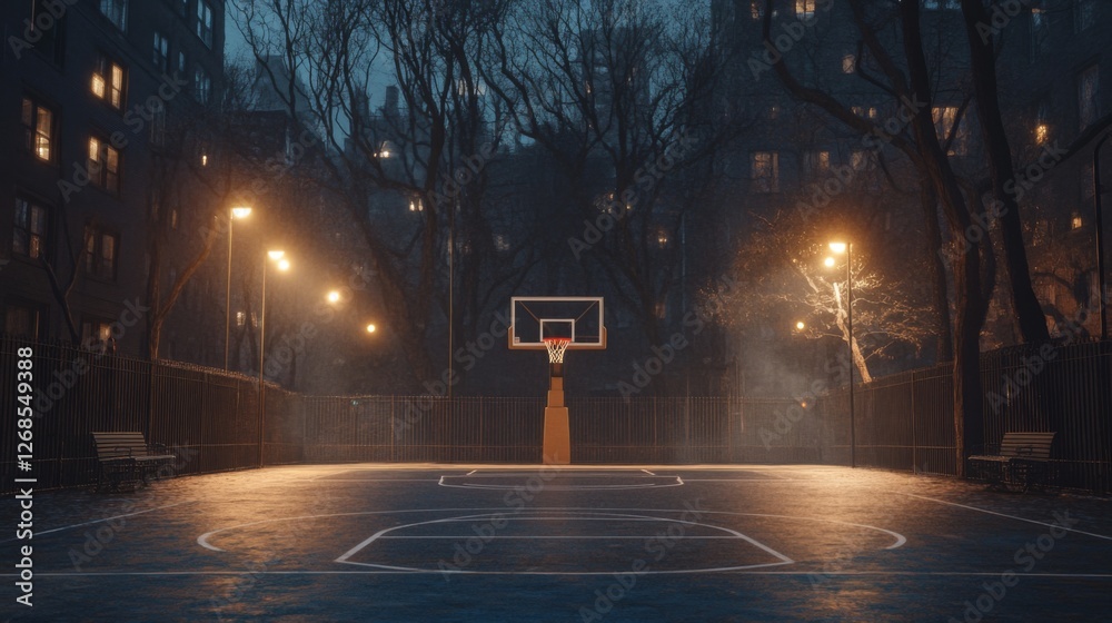 Poster a panoramic view of an empty basketball court at dusk, with streetlights illuminating the area and s