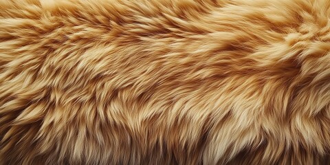 Fototapeta premium Close-up of the texture and pattern on a golden-brown sheepskin rug, showcasing its softness and warmth, with space for text or product display.