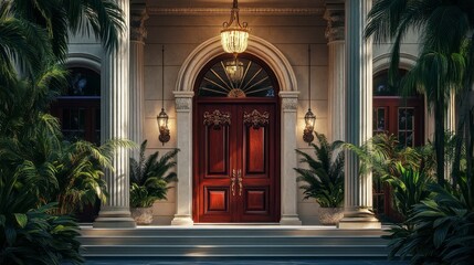 Majestic front porch of a rich mansion with a carved wooden door in deep cherry red, surrounded by tall columns