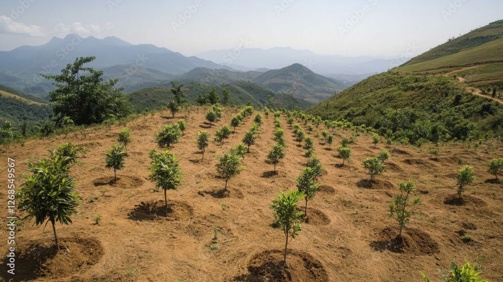 Poster a panoramic view of a hillside covered in small, newly planted trees, with mountains in the distance