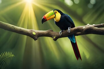 Colorful toucan perched on a tree branch in the rainforest