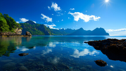 Tranquil Seascape: Blue Ocean Reflecting Mountains Under Sunny Sky