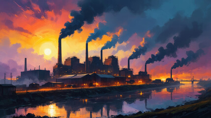Fototapeta premium Dramatic industrial scene depicting pollution and smoke during sunset, highlighting planet conservation and ecological challenges
