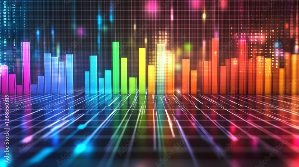Poster a professional bar chart with bold, colorful bars rising in front of a clean, minimalist grid backgr