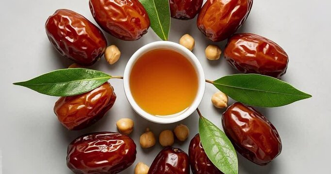 Motion shot of dates fruit, honey, bidara leaves, chickpeas, Arabian fruits, sand dune, desert, Eid Mubarak, Ramadan