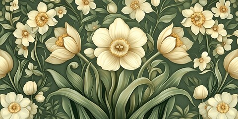 Art Nouveau-inspired pattern with daffodils and tulips