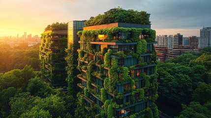 Obraz premium Lush Urban Environment with Thriving Greenery Surrounding Modern Buildings at Sunset