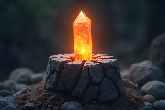 A glowing crystal embedded in an ancient, cracked monolith. - Powered by Adobe