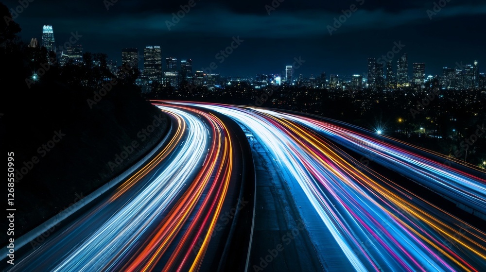 Poster a scenic view of a bustling highway at night, with streams of car lights creating vibrant trails aga