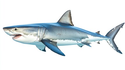 Naklejka premium A large great white shark, isolated on a white background, swimming to the right.