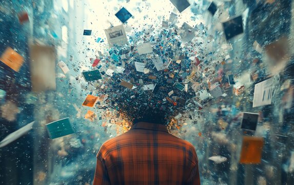 Too much information and media exploding from the head of a young person