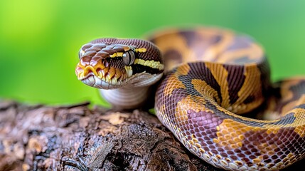 Obraz premium Ball python coiled on a wooden branch in a lush green natural habitat during daytime.