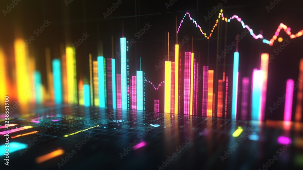 Poster a set of glossy d bars rising dramatically from a financial dashboard, with neon highlights and subt