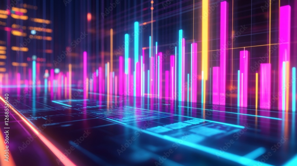 Poster a set of glossy d bars rising dramatically from a financial dashboard, with neon highlights and subt