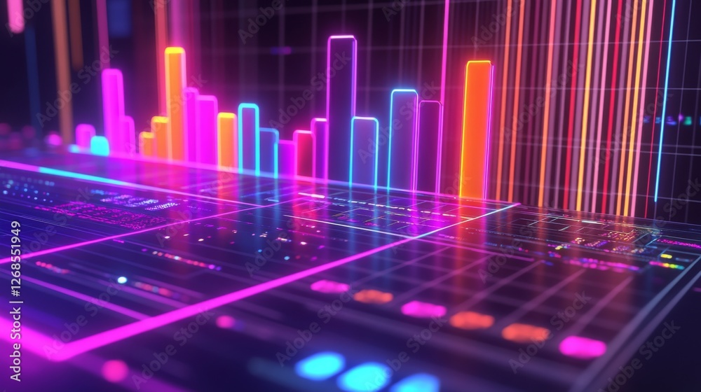 Poster A set of glossy D bars rising dramatically from a financial dashboard, with neon highlights and subtle lighting effects to convey financial growth
