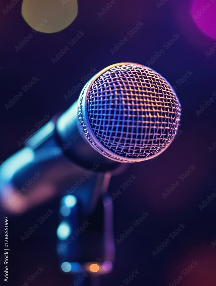 Leinwandbilder Close up of a microphone designed for live performances in a vibrant and colorful setting during a musical event. Generative AI