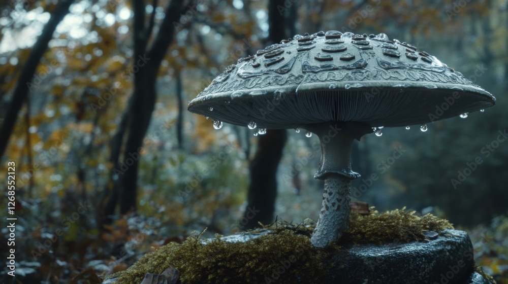Aufkleber A single large mushroom with intricate patterns on its cap, adorned with droplets of water, placed on a mossy stone in a serene forest setting