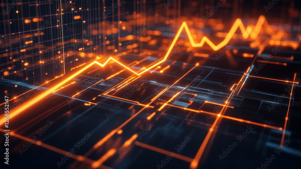Poster A sleek D line graph with sharp, glowing edges and a steady upward trajectory, set against a futuristic digital grid background