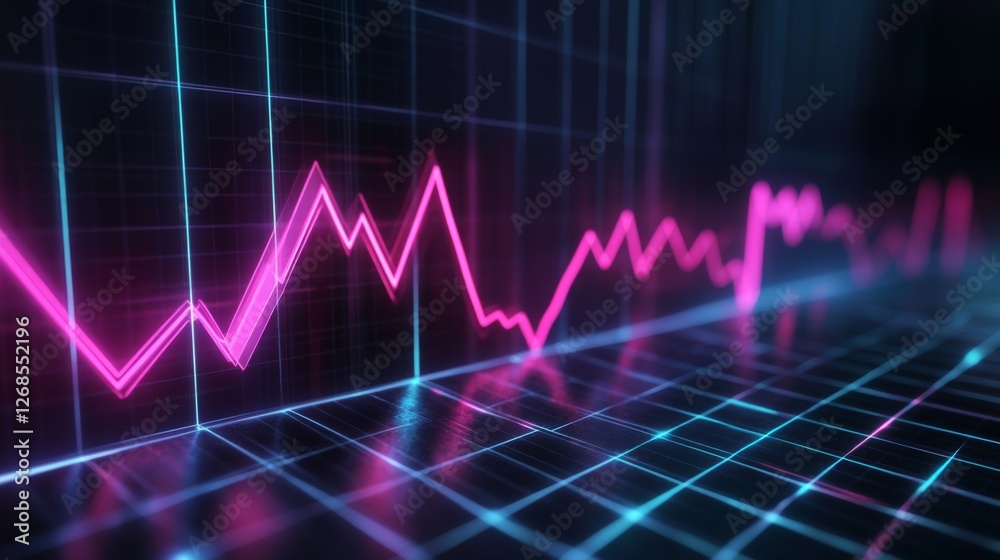 Poster A sleek D line graph with sharp, glowing edges and a steady upward trajectory, set against a futuristic digital grid background
