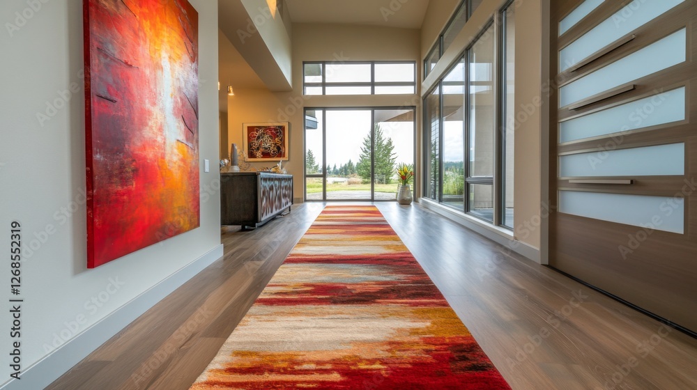 Poster A spacious modern hallway featuring sleek design elements, large windows allowing natural light to flood in, and a stylish rug adding a pop of color