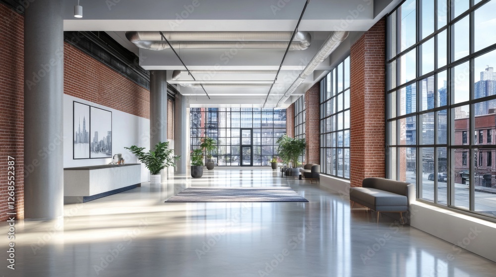 Poster a spacious modern hallway featuring sleek design elements, large windows allowing natural light to f