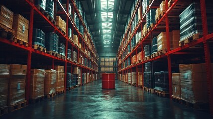 Fototapeta premium A large warehouse interior with high shelves filled with stacked boxes and barrels. A single red barrel sits in the center aisle.